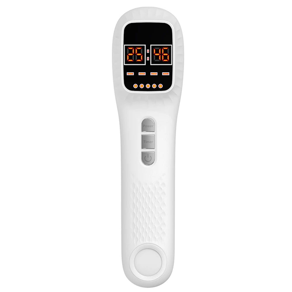 White handheld infrared beauty device with digital display, control buttons, and a textured handle grip.