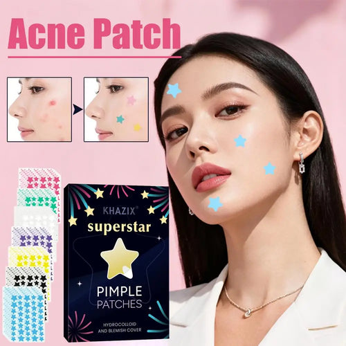 Star-shaped hydrocolloid acne patches on face, blue and pink star designs