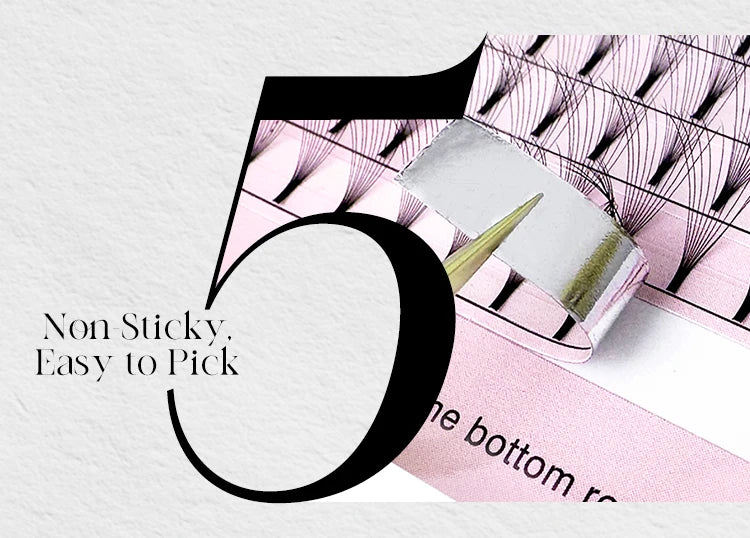 Tray of black 5D mink eyelash extension fans with short stems, featuring a metallic foil strip for easy picking.