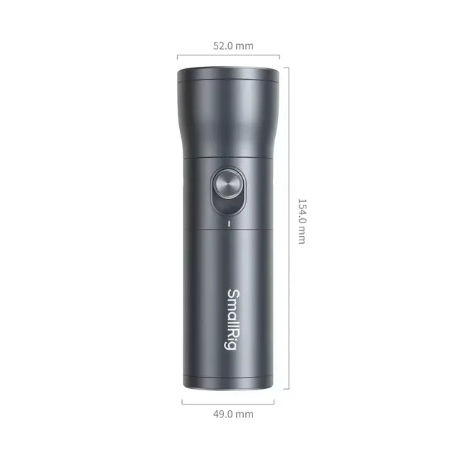 Grey cylindrical LED video light with a central power button, 154mm tall, 52mm wide head, used for photography lighting.