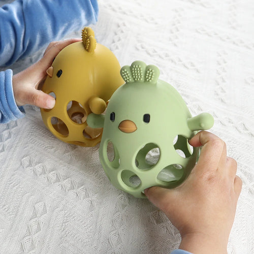 Yellow and green silicone chicken baby teething toys for soothing relief.