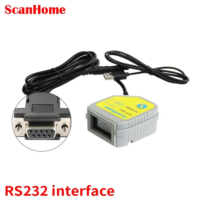 Fixed-mount barcode scanner with RS232 interface port and power cable