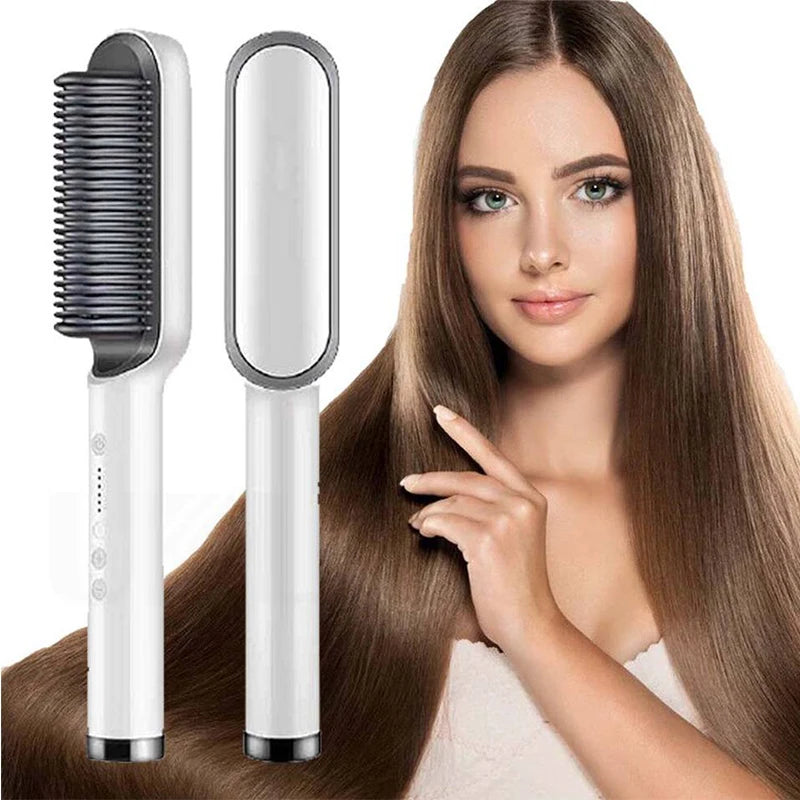 White portable ceramic hair straightener brush for salon-quality styling with digital heat controls.