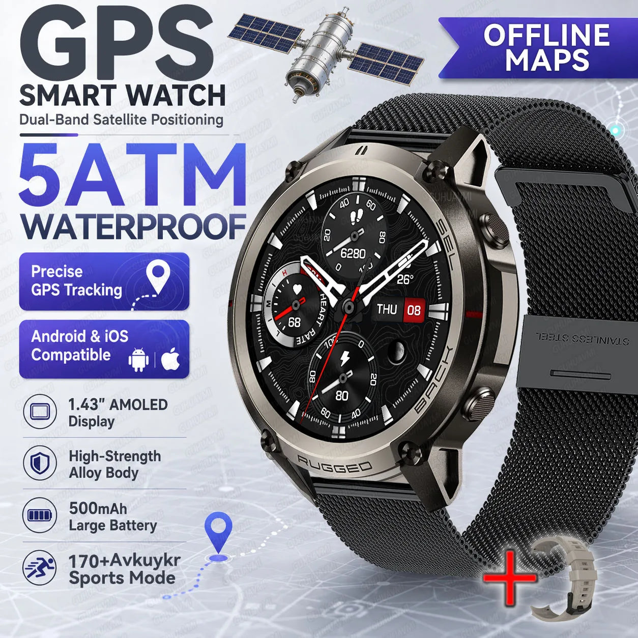 New Rugged GPS Sport Smartwatch 1.43" AMOLED Screen 5ATM Waterproof Offline Map Compass 500mAh Smart Watch for Men Android iOS