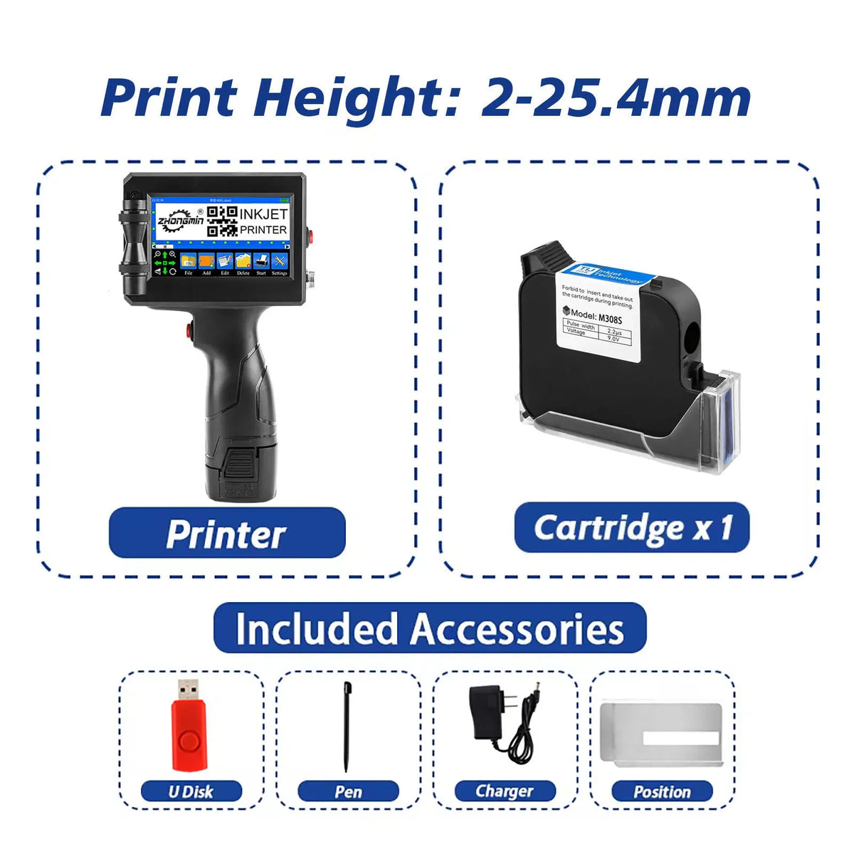 ZM-Z20 25.4mm Handheld Inkjet Printer for Text QR Barcode Batch Number Logo Date Label Coding Machine Portable Mini Printer