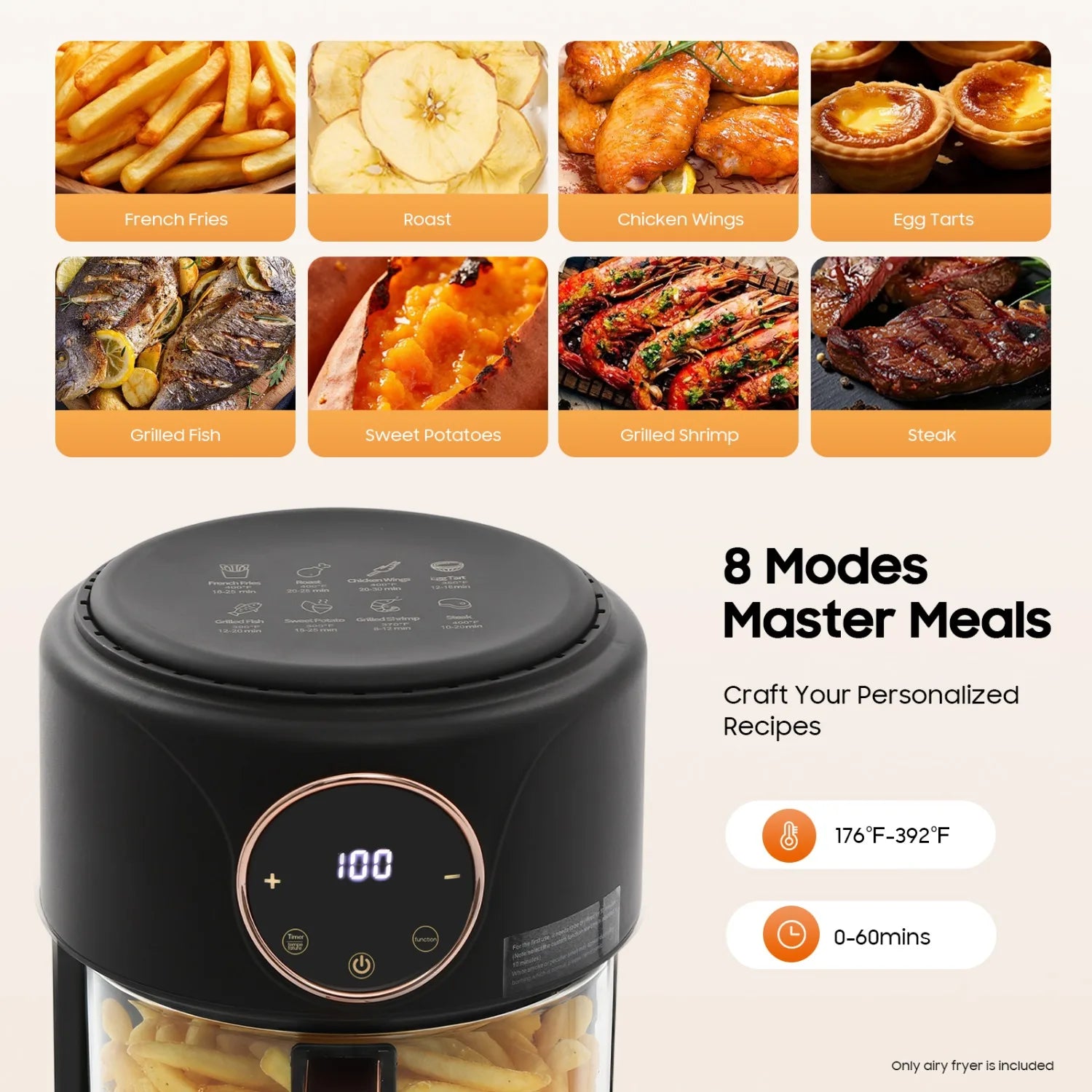 NEWEST 3.81Qt Airy Fryer 1200W Glass Air Fryer 360° Viewable Digital Airfryer Dehydrator Adjustable Temp 176℉ - 392℉ Nonstick 8 Presets Fast & Crispy Cooking Dishwasher Safe (Black)