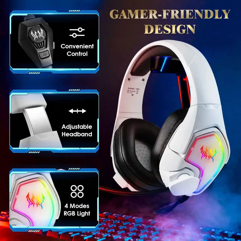 Gaming Headset G3000 White: Low Latency Over-Ear PC & PS5 Audio Tidesmit
