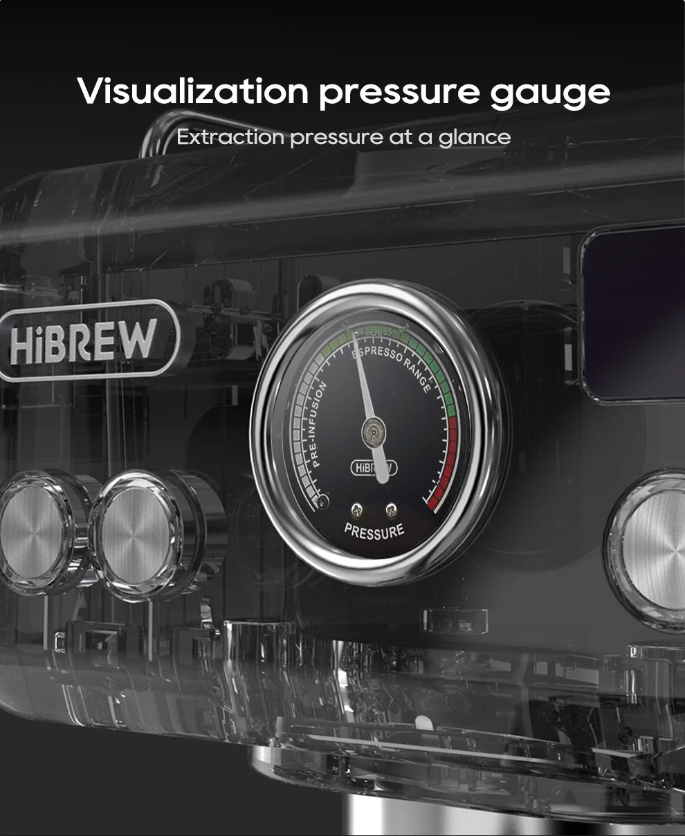 HiBREW espresso machine showing a circular analog pressure gauge with a clear, black modern design and metallic dials.