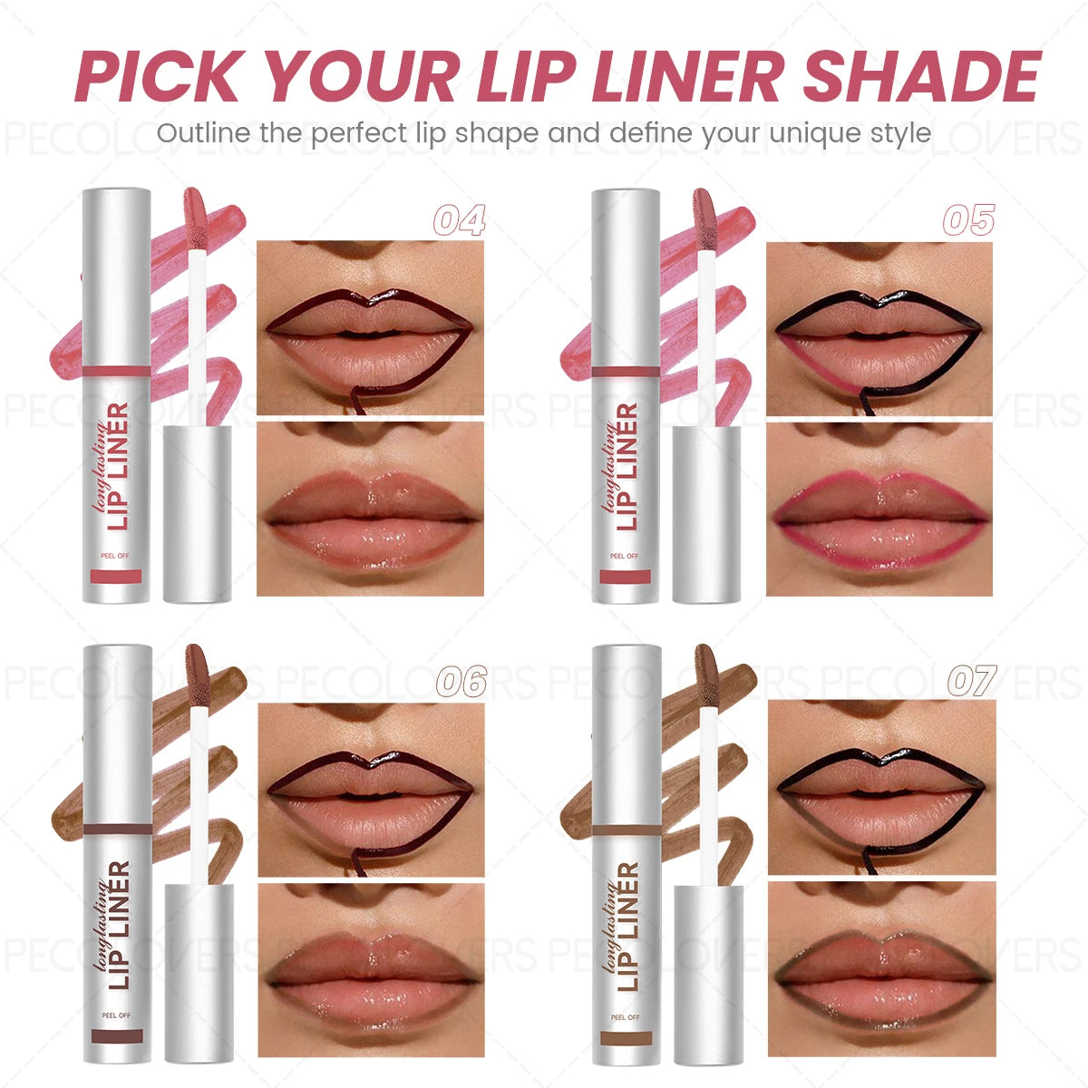 Long-lasting peel-off matte lip liner shades 04-07 for defined, waterproof lip makeup and natural-looking pigment.