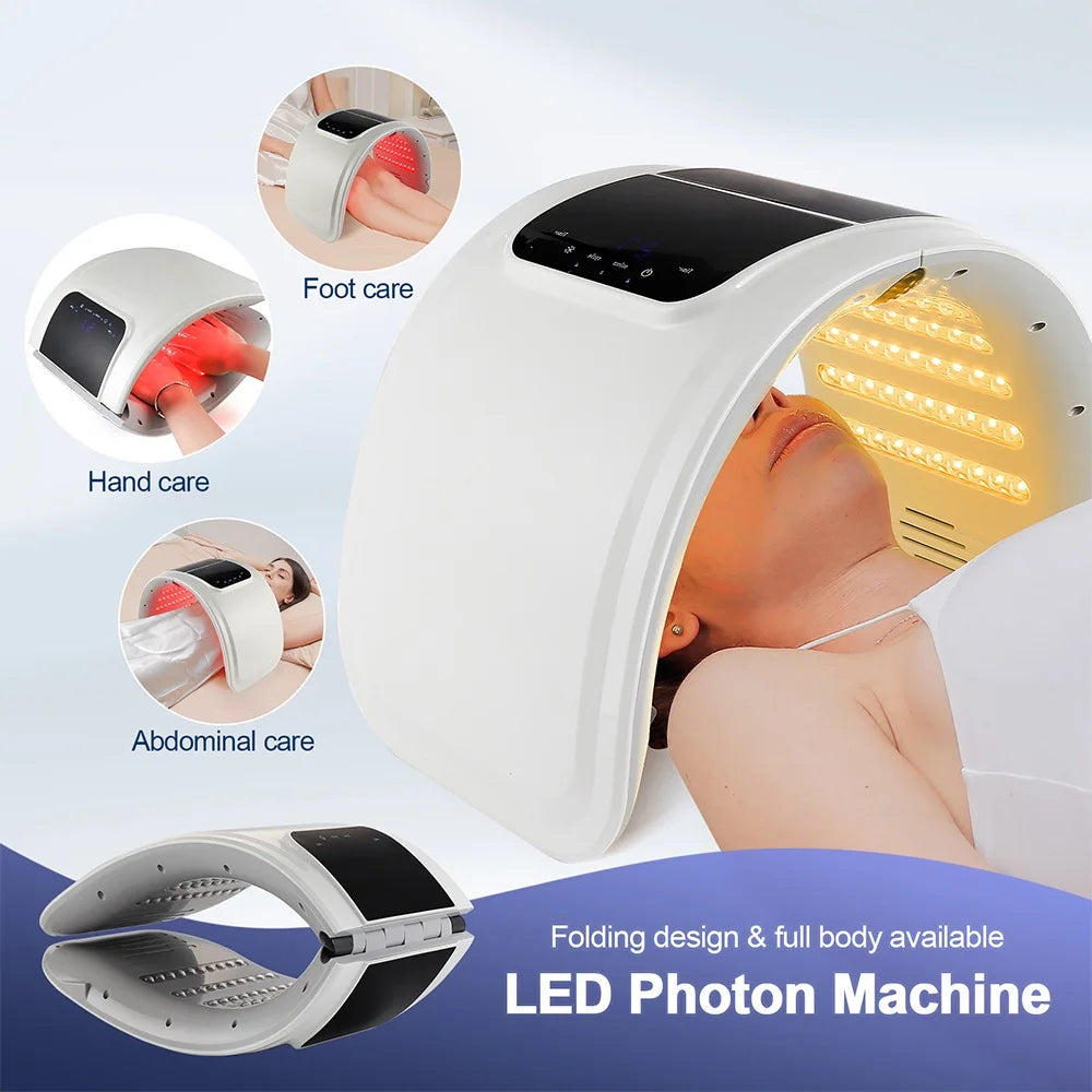 Foldable white LED photon therapy machine with adjustable arches for face, hand, foot, and abdominal light treatment.