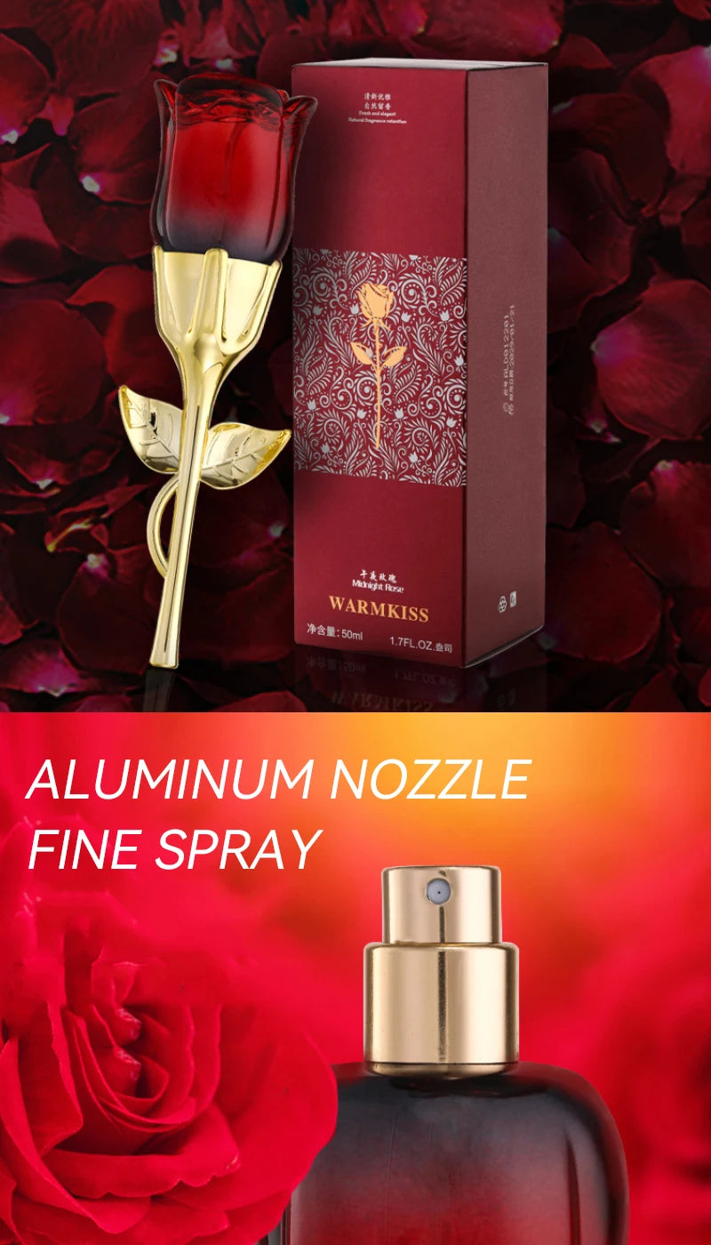 WARMKISS Midnight Rose EDP: 50ml floral perfume for women in a unique red rose-shaped glass bottle with gold stem.