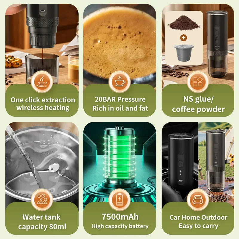 Portable black wireless espresso maker, 20-bar pressure, 80ml water tank, battery-powered for travel and camping.