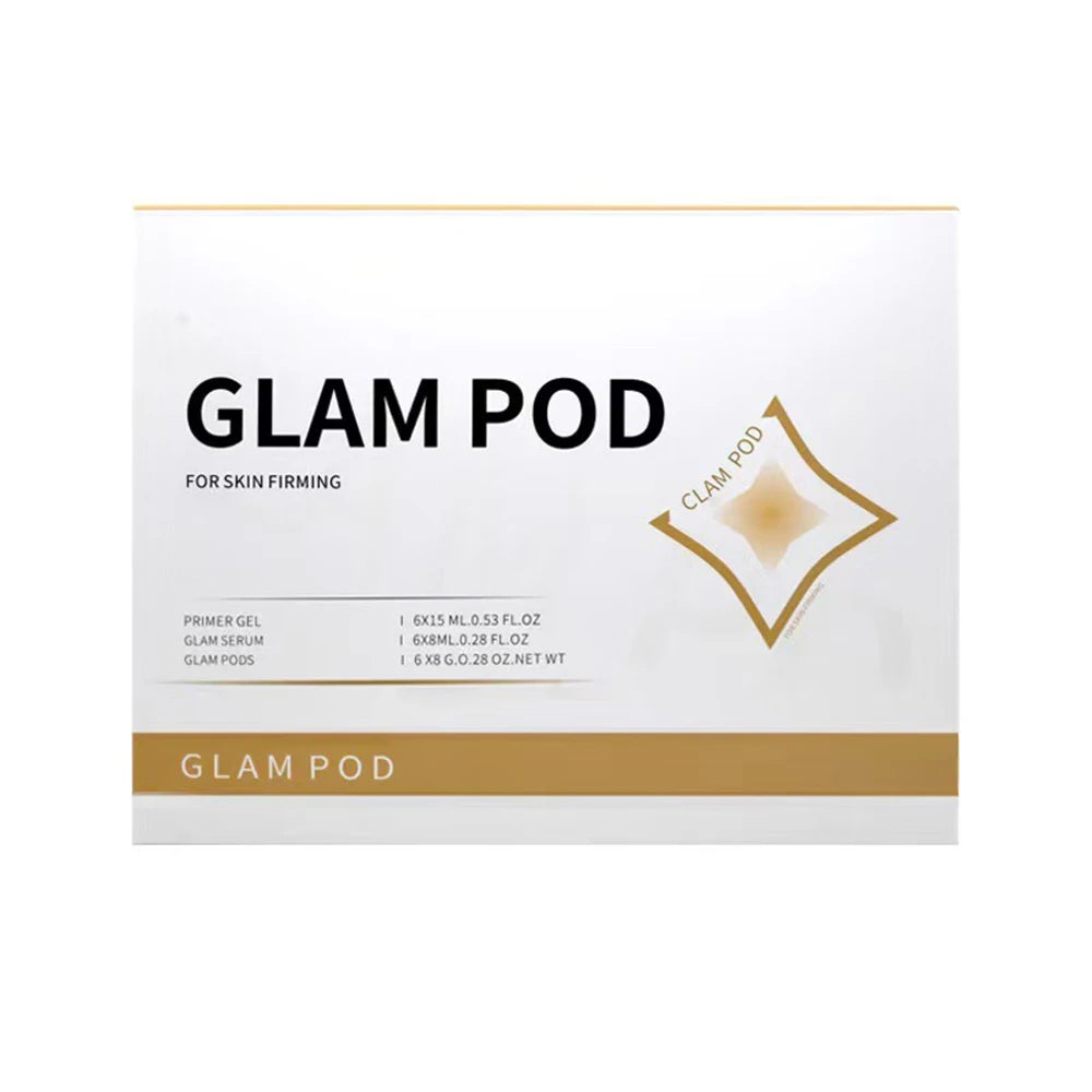 White and gold rectangular product box labeled "GLAM POD" for skin firming, including primer gel, serum, and pods.