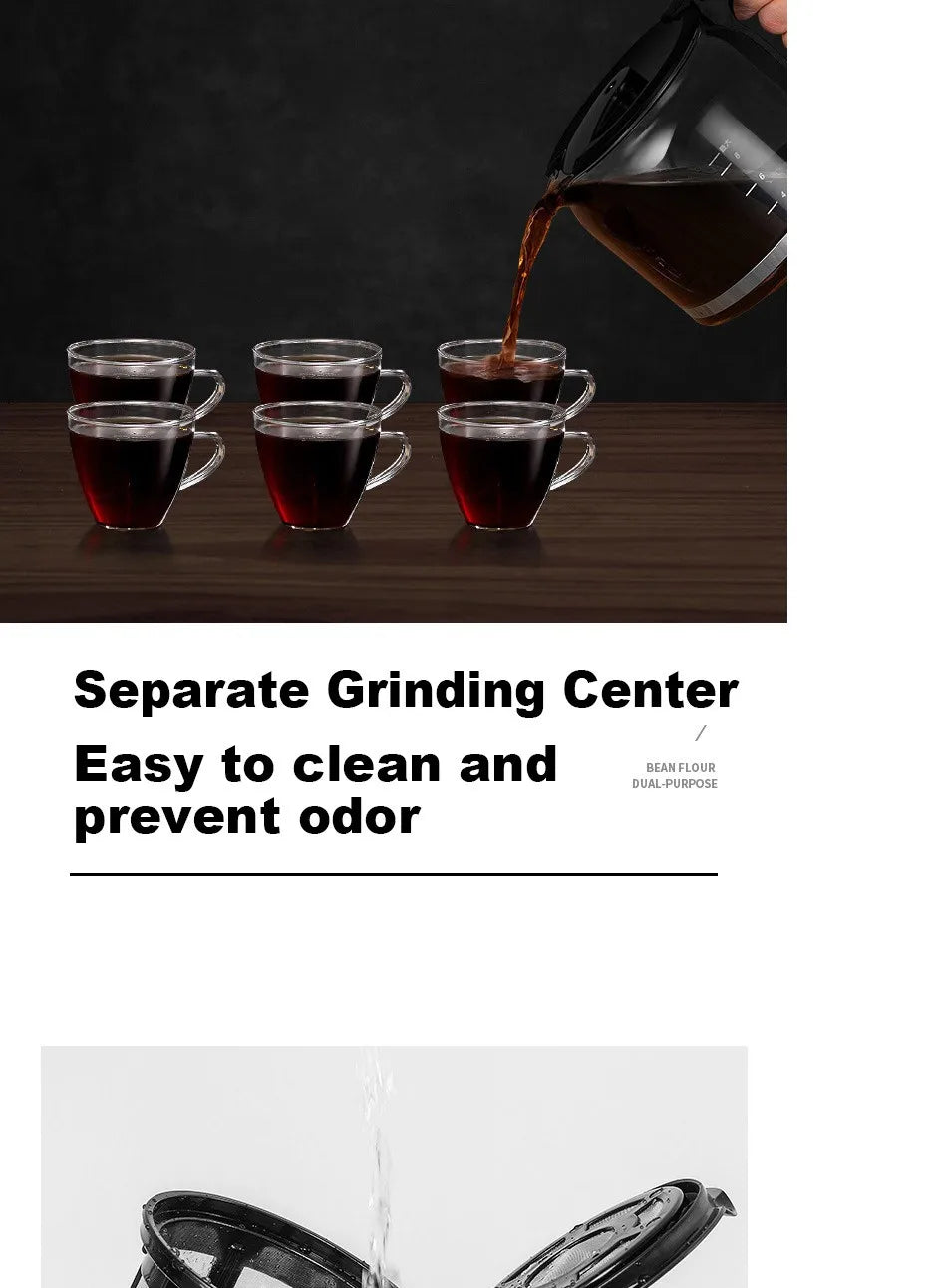 Black coffee maker pouring fresh brew into six small glass cups, highlighting easy-clean grinding center design.