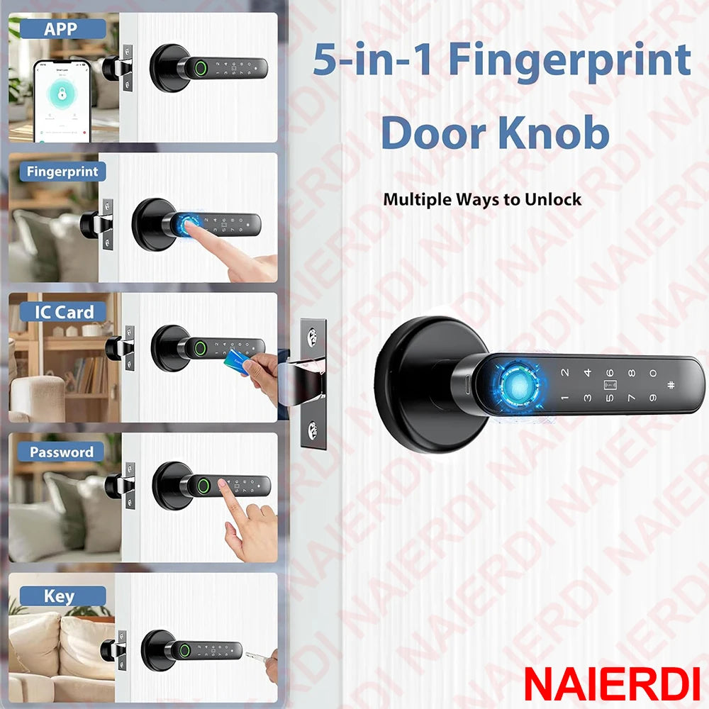 NAIERDI 5-in-1 Smart Fingerprint Door Lock Tuya APP Bluetooth Keypad IC Card Keyless Digital Door Knob for Hotel Office Bedroom
