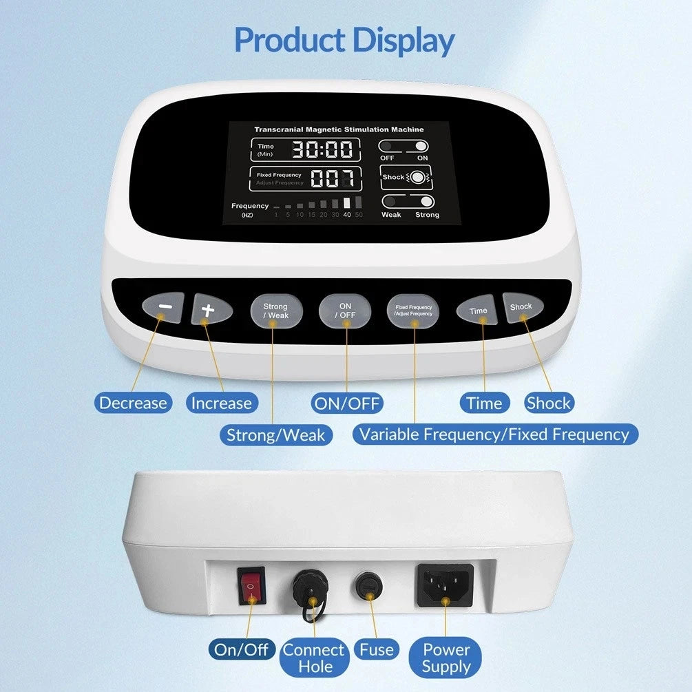 GOVW white RTMS neurofeedback device with digital display, control buttons, and rear ports for home brain therapy.