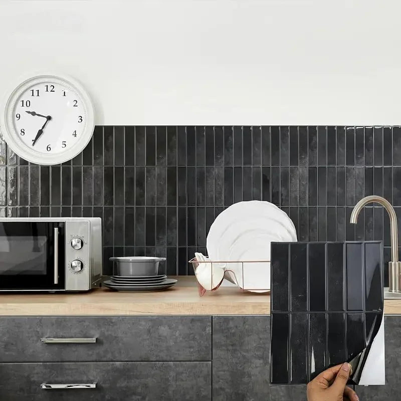 Peel-and-stick backsplash tile sheet, dark gray subway-style glossy grid panel
