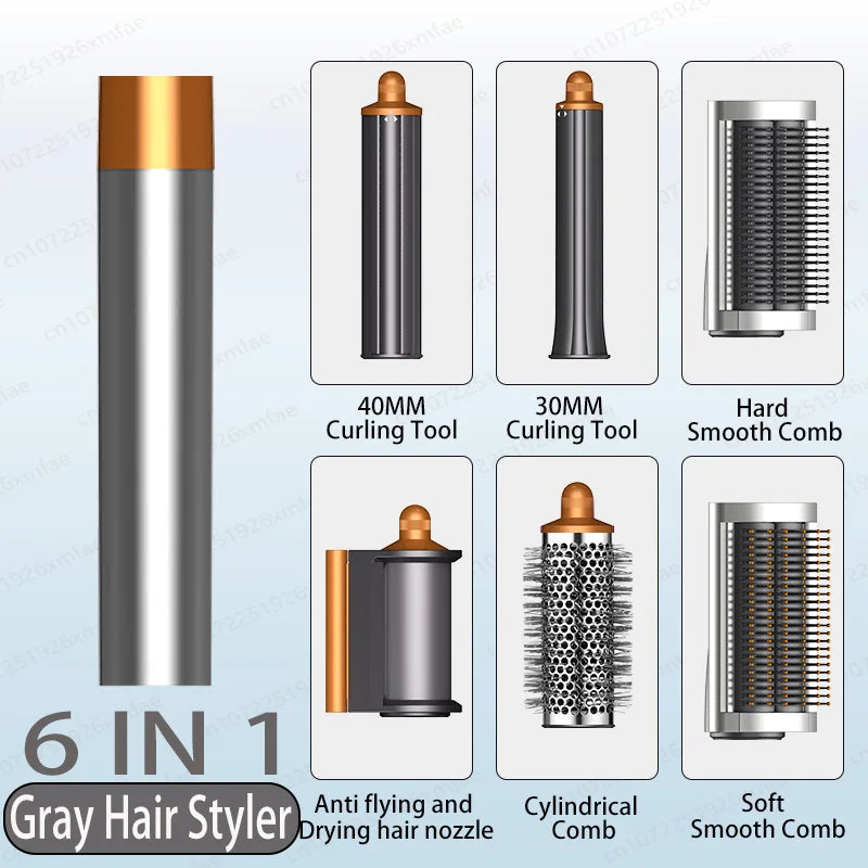 6-in-1 gray high-speed hair styler set with ionic dryer, curling wands, smooth brushes, and anti-frizz nozzle.