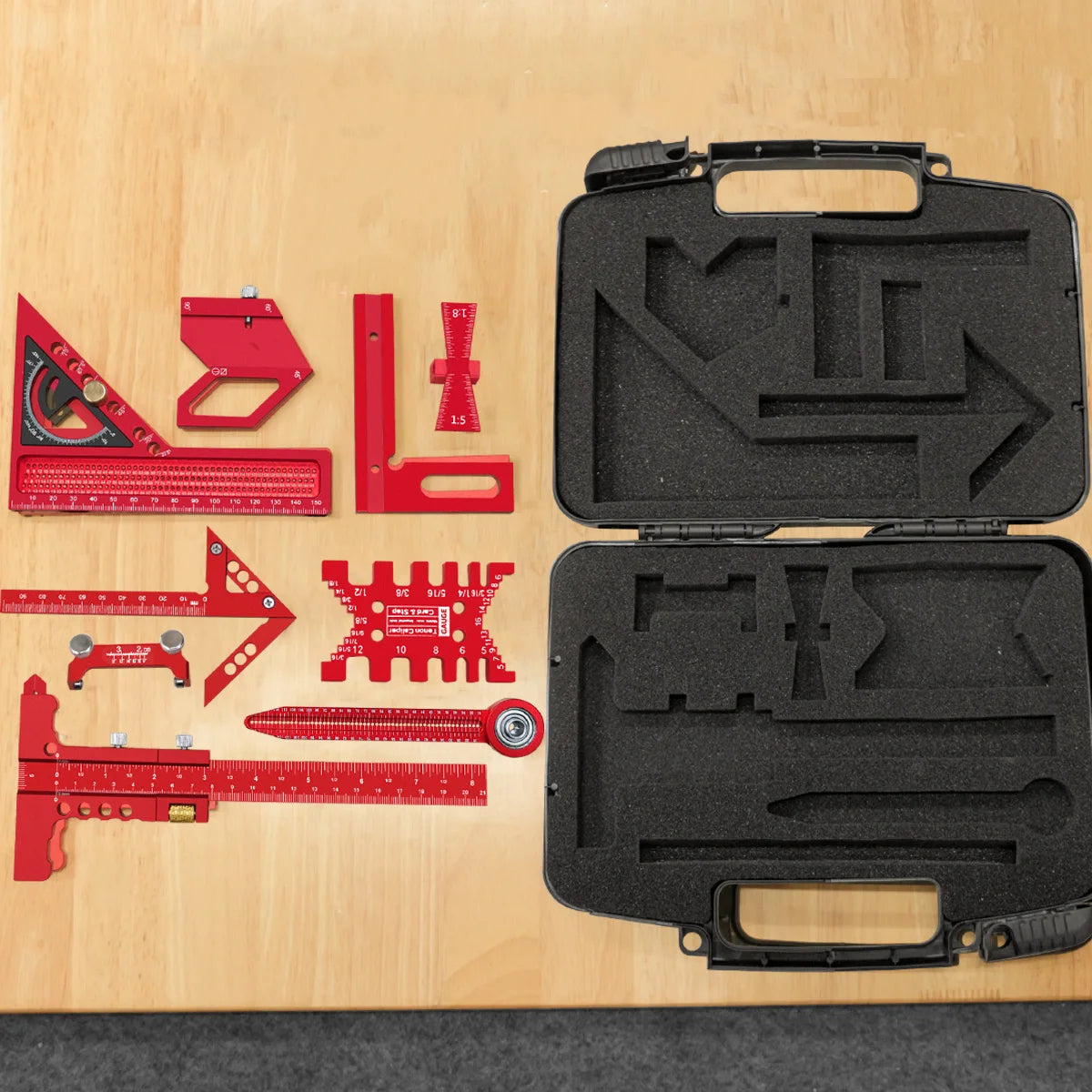 9Pcs Woodworking Square Kit with Box, Aluminum Scribeing Ruler,Center Finder,Circular Drawing Compass,Honing Guide,Height Gauge