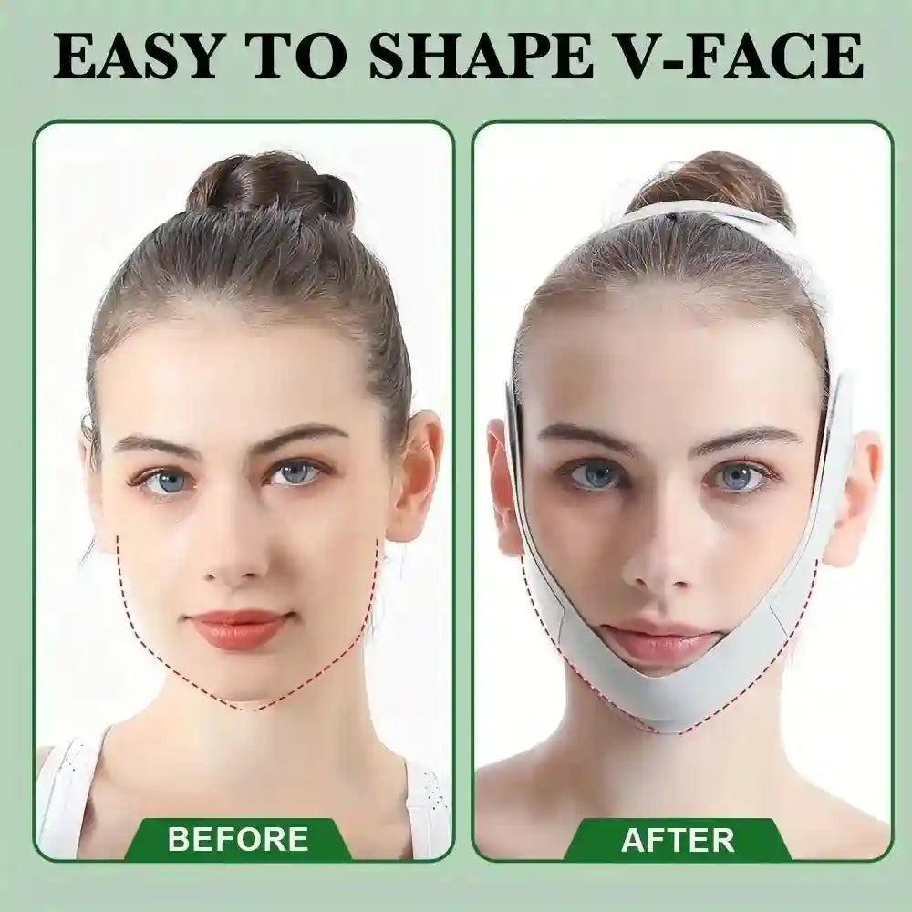 Before and after comparison of a woman wearing a light gray, adjustable V-line face slimming bandage strap.