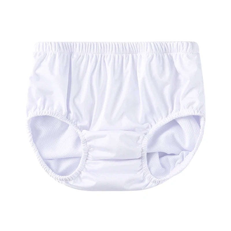 White reusable baby swim diaper with elastic waistband and leak-proof lining for infant water care.