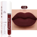 Long-lasting dark red matte liquid lipstick by Cmaadu, featuring a smooth waterproof finish on lips. Shade 18.