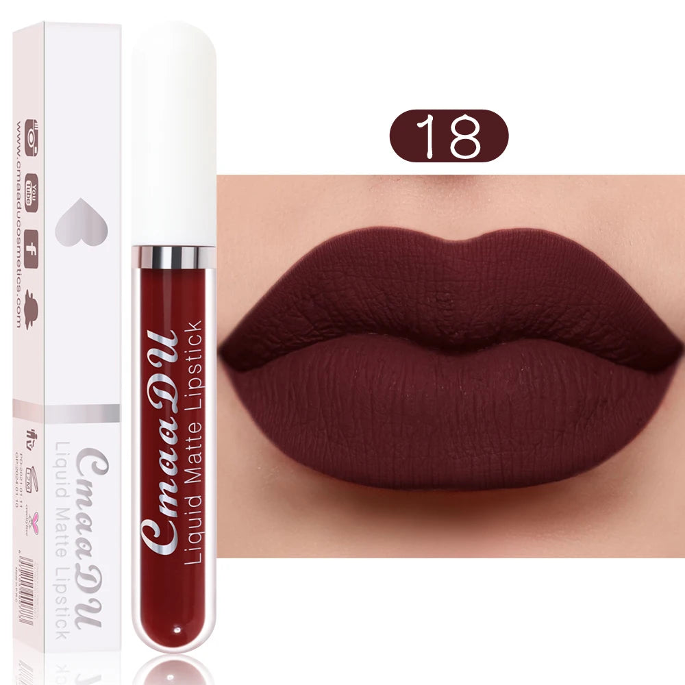 Long-lasting dark red matte liquid lipstick by Cmaadu, featuring a smooth waterproof finish on lips. Shade 18.