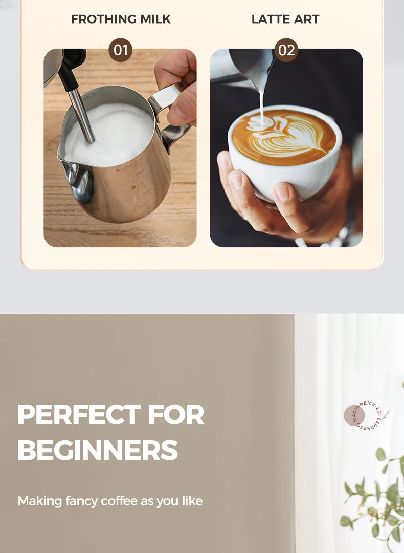 Stainless steel milk frothing pitcher for latte art by Machinemk-601, showing milk steaming and pouring technique.