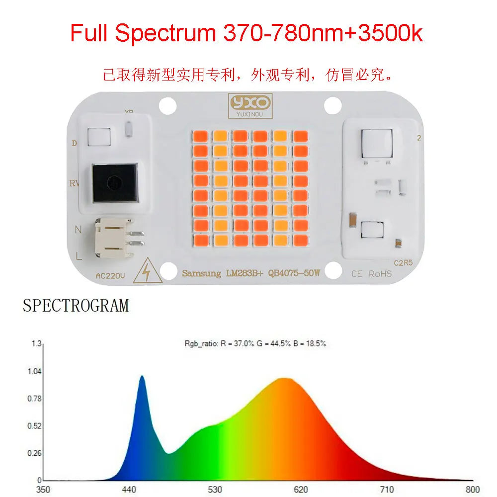 Full spectrum LED grow light chip on white PCB with orange LEDs, 370–780nm, 3500K