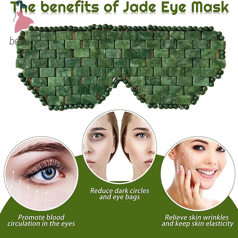 Green jade stone cooling eye mask for relaxation, reducing dark circles, and anti-aging facial massage.