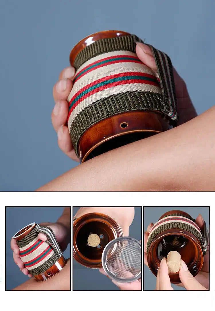 Brown ceramic moxibustion cup with a striped fabric grip, shown being used on skin, with mesh and moxa stick inserts.