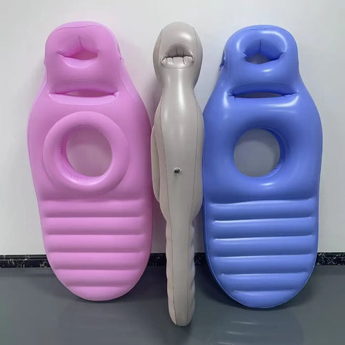 Inflatable pregnancy pillow yoga mat, side angle view of maternity body mattresses in pink, grey, and blue.