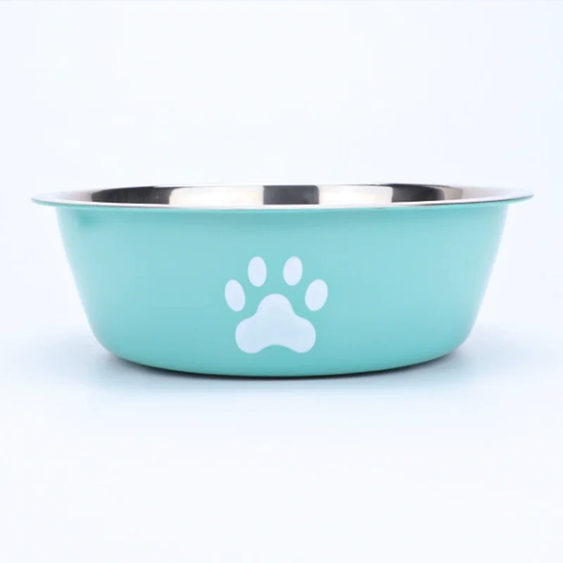 Anti-slip mint green stainless steel dog bowl with paw print for puppy food and water. Durable, rust-resistant pet feeder.