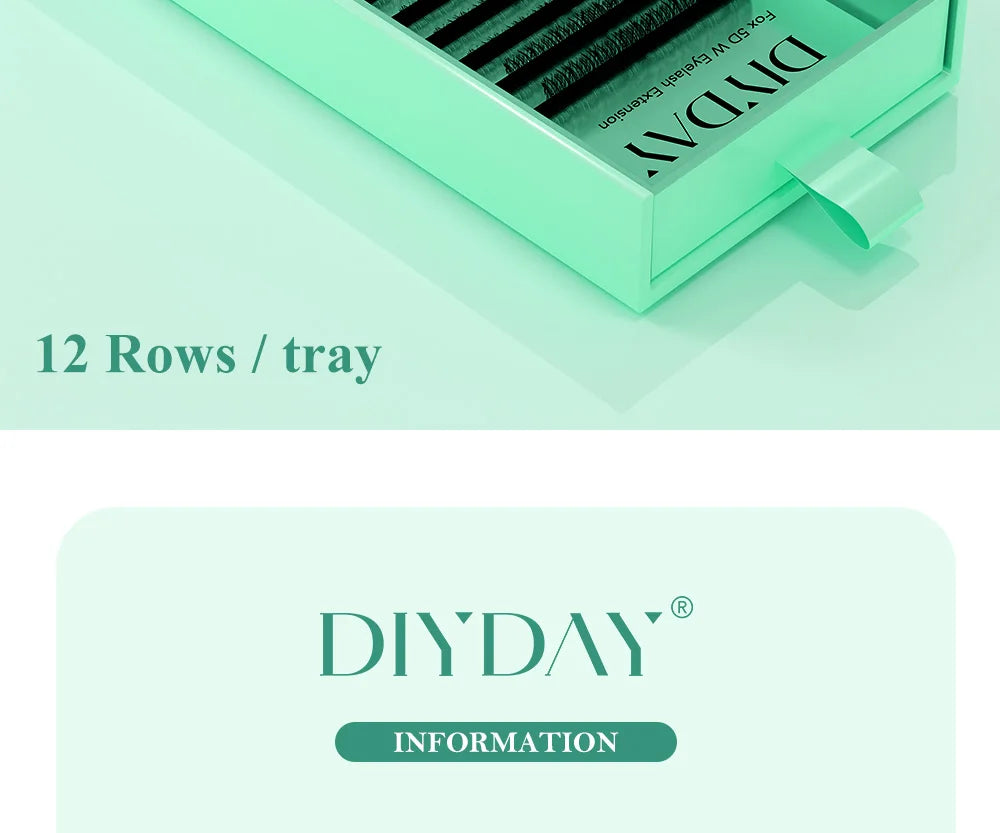 A tray of black W-shape premade fan eyelash extensions in a mint green drawer box, labeled 12 rows per tray.