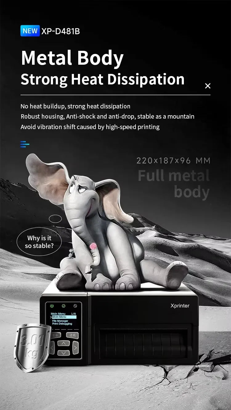 Black-front industrial thermal label barcode printer with metal housing and display