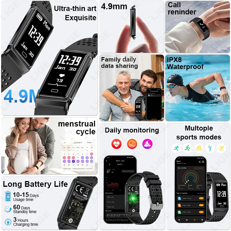 LIGE 4.9MM Ultra-Thin Fashion Men Women Smart Bracelet Sports Fitness Tracker Heart Rate Health Monitor Waterproof SmartWatch