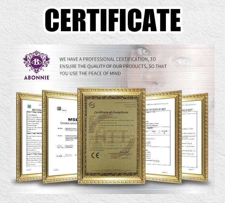 Abonnie product compliance certificates displayed in gold frames, highlighting professional eyelash extension quality.