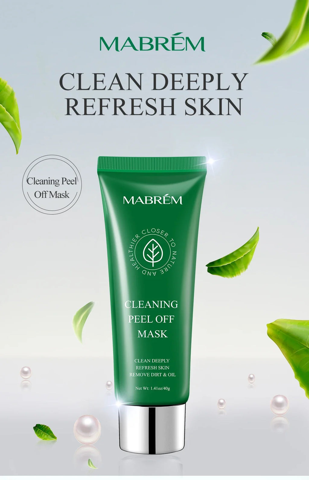 A green MABRÉM peel-off face mask tube surrounded by floating green leaves and white pearls.