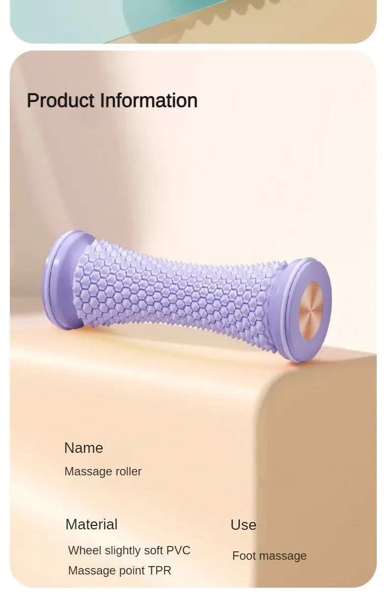 Lavender manual foot massage roller with textured TPR spikes for plantar fasciitis relief and muscle relaxation.