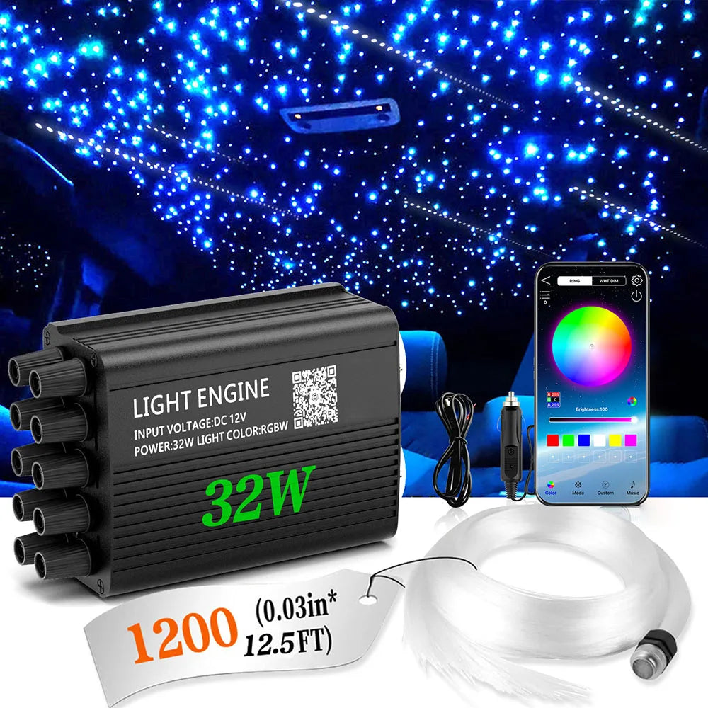 Fiber optic car ceiling light kit with 32W light engine and Bluetooth control, 12.5 ft fiber