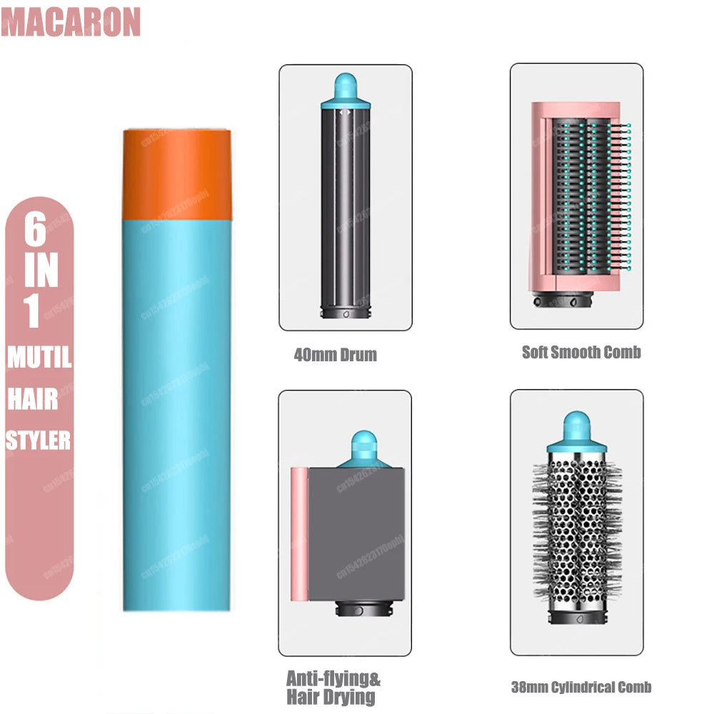 6-in-1 multi hair styler set with auto curler, dryer, and styling attachments in colorful blue and pink design.