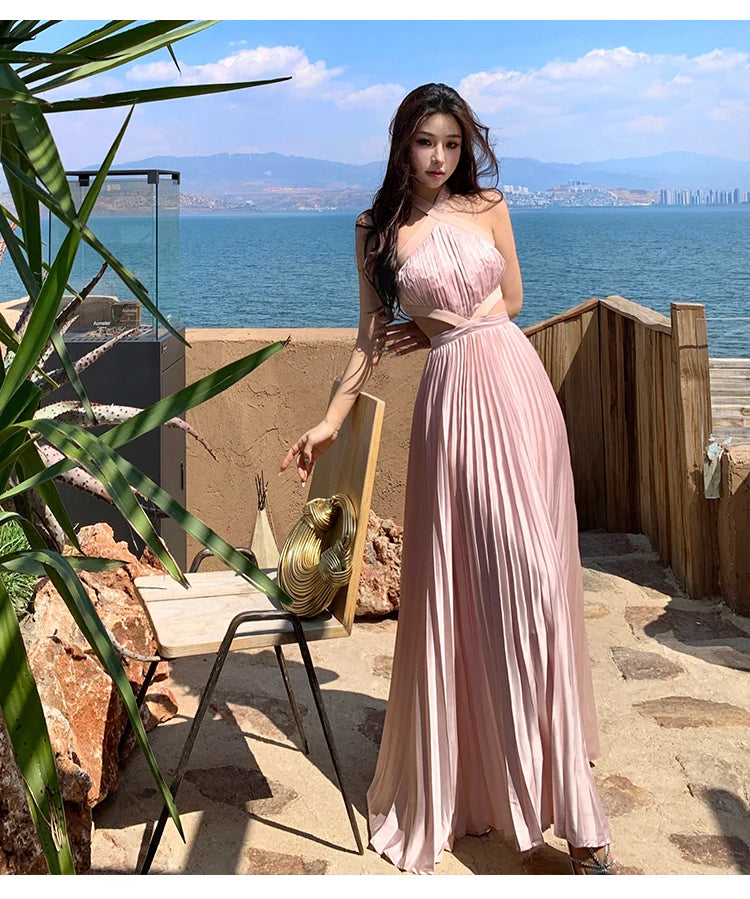New Sexy Club Birthday Party Pleated Robe Long Dresses Women Summer Halter Neck Sleeveless Off The Shoulder Holiday Beach Dress