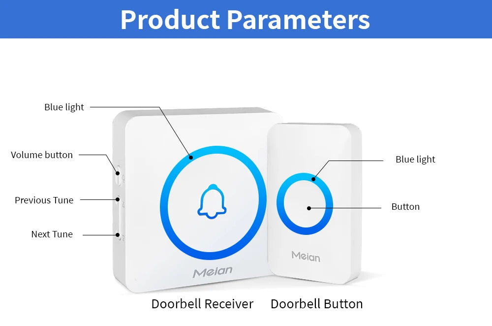 Meian Smart Home Doorbell Wireless Security Doorbell IP65 Waterproof Outdoor Door Bell 60 Songs 5 Volume Adjustable Chime Kit