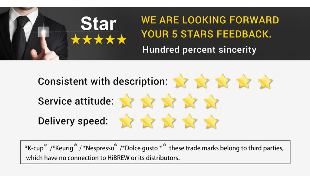 HiBREW coffee maker feedback and customer rating graphic requesting 5-star reviews for product service and delivery.