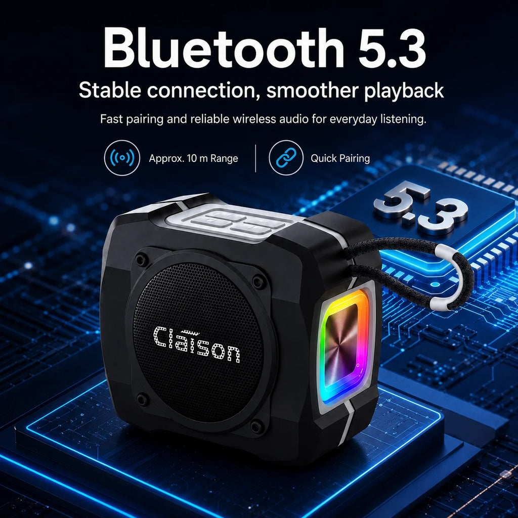 Portable Bluetooth Speaker, Bluetooth 5.3, TWS Pairing, 52mm Driver, 5W Output, 1200mAh Battery, RGB Light, FM Radio, TF Card and USB Playback, IPX6 Water Resistant Design for Outdoor, Camping, Travel and Home Use