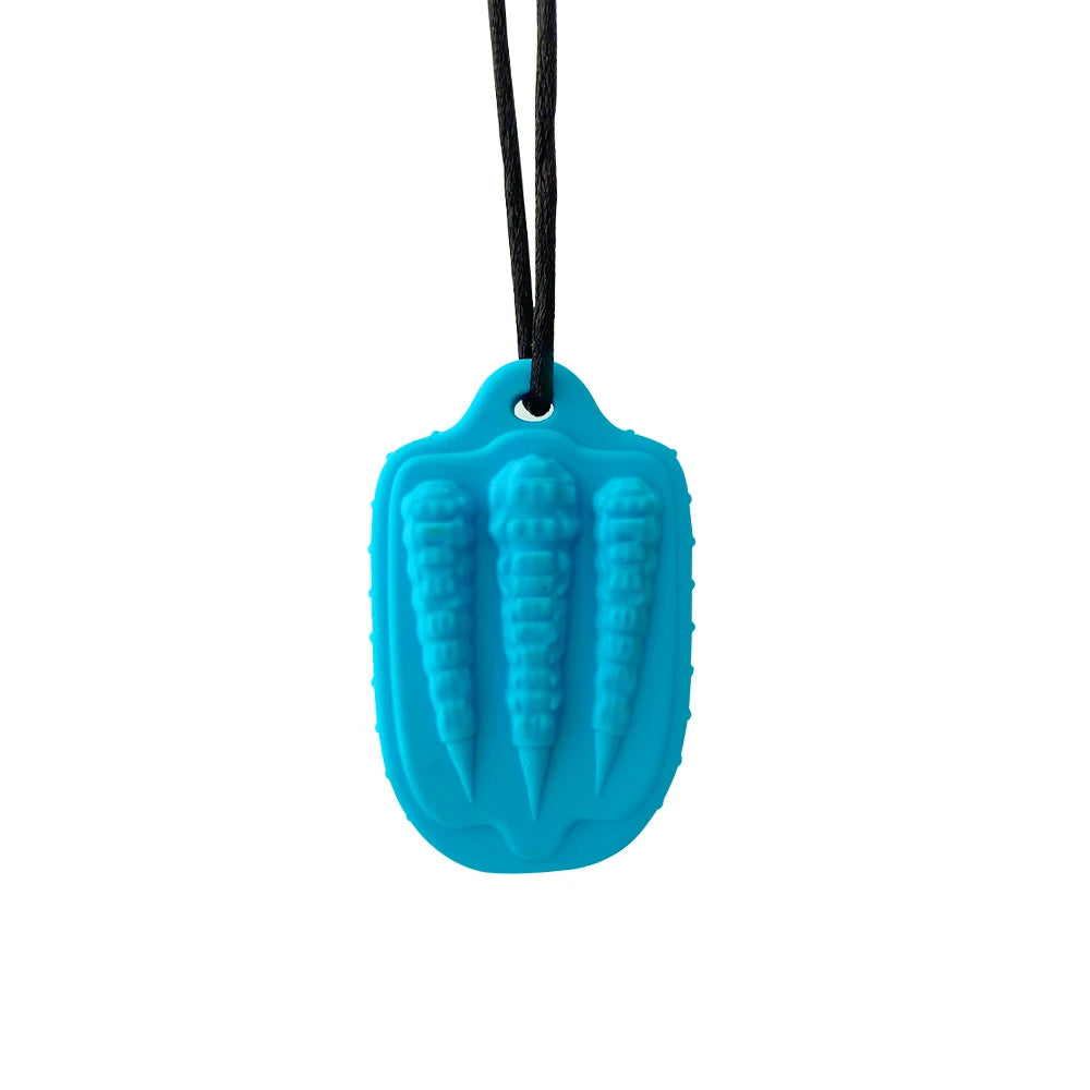Blue silicone baby teething toy pendant on a black cord for relief.