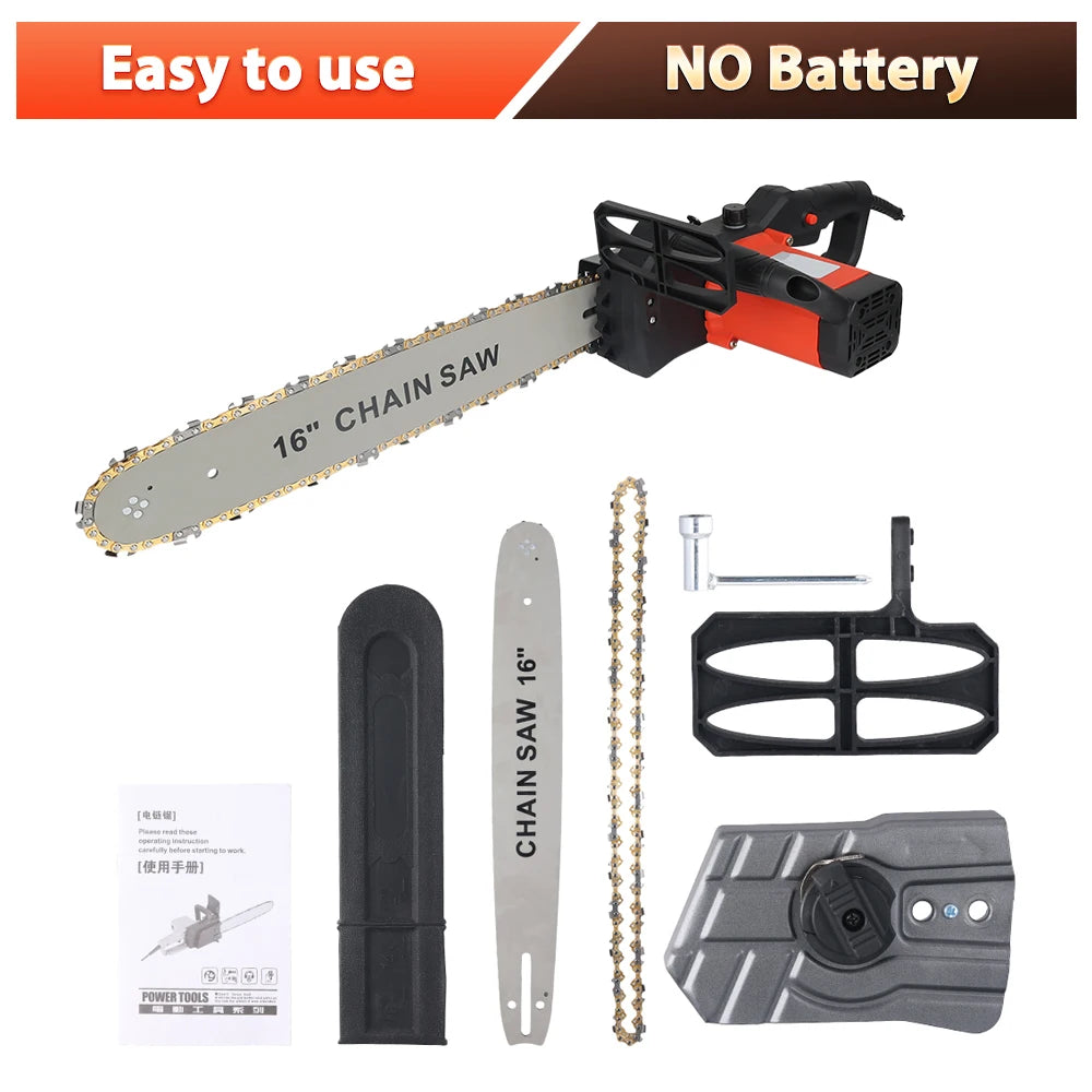 Podofo 16" 2000W Electric Large Chain Saw 16inch Corded High Speed Large Chain Saw Wire Motor Power Woodworking Cutter Garden Tool