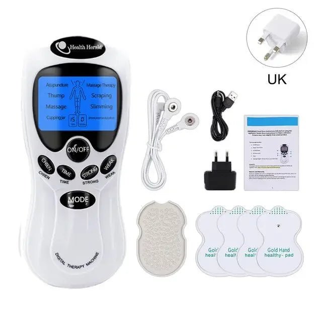 White digital therapy massager with blue LCD screen, electrode cables, power adapters, and four adhesive pads for