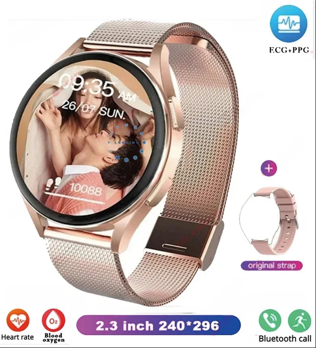 Bluetooth smart watch with rose-gold round screen and rose-gold mesh metal strap