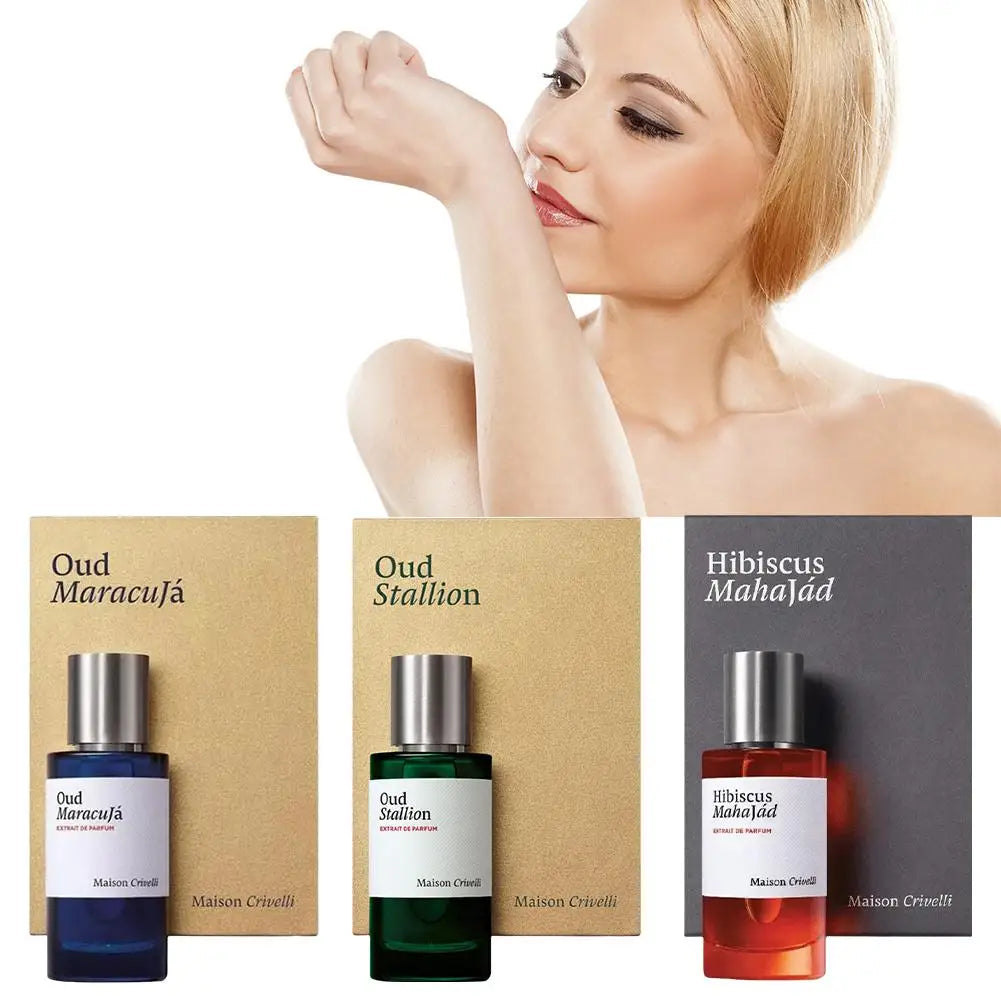 Maison Crivelli unisex Extrait de Parfum set: Oud Maracujá, Oud Stallion, Hibiscus Mahajád in cylindrical glass bottles.
